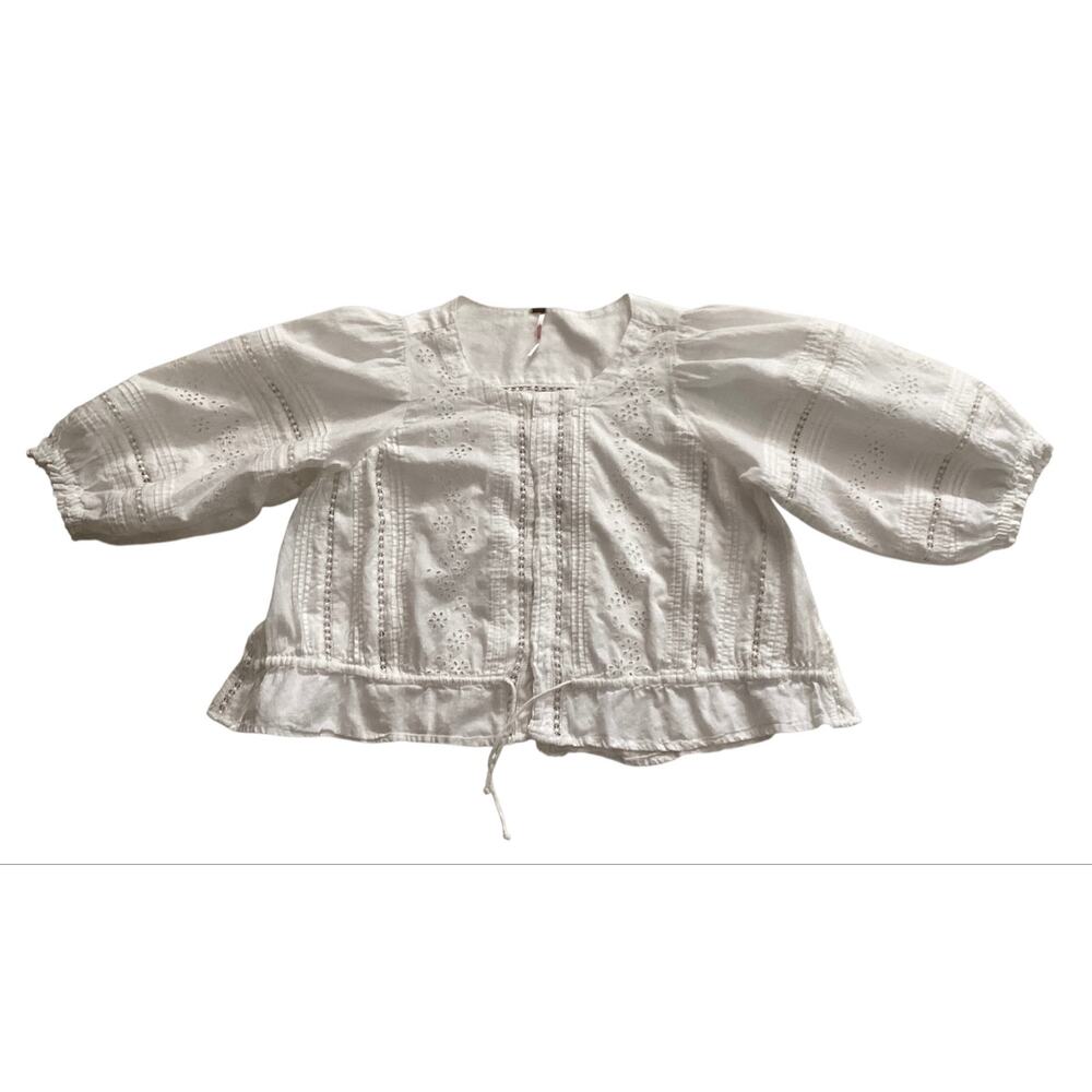 Free People Daisy Chains Eyelet Top White Cotton Crop Boho Peasant Blouse SP - Picture 4 of 8